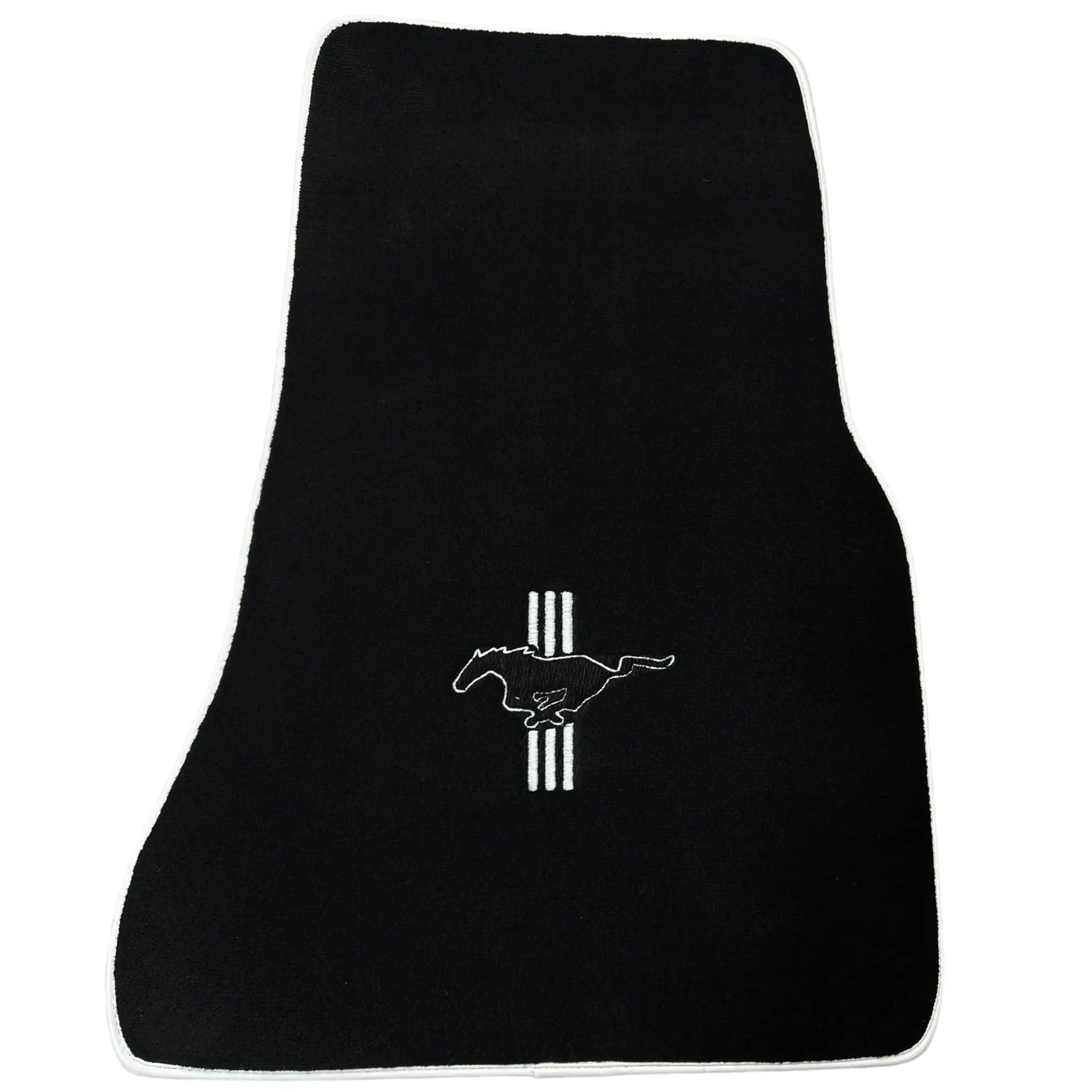 Black Floor Mats with White Trim For Ford Mustang V (2004-2010) With Pony - AutoWin