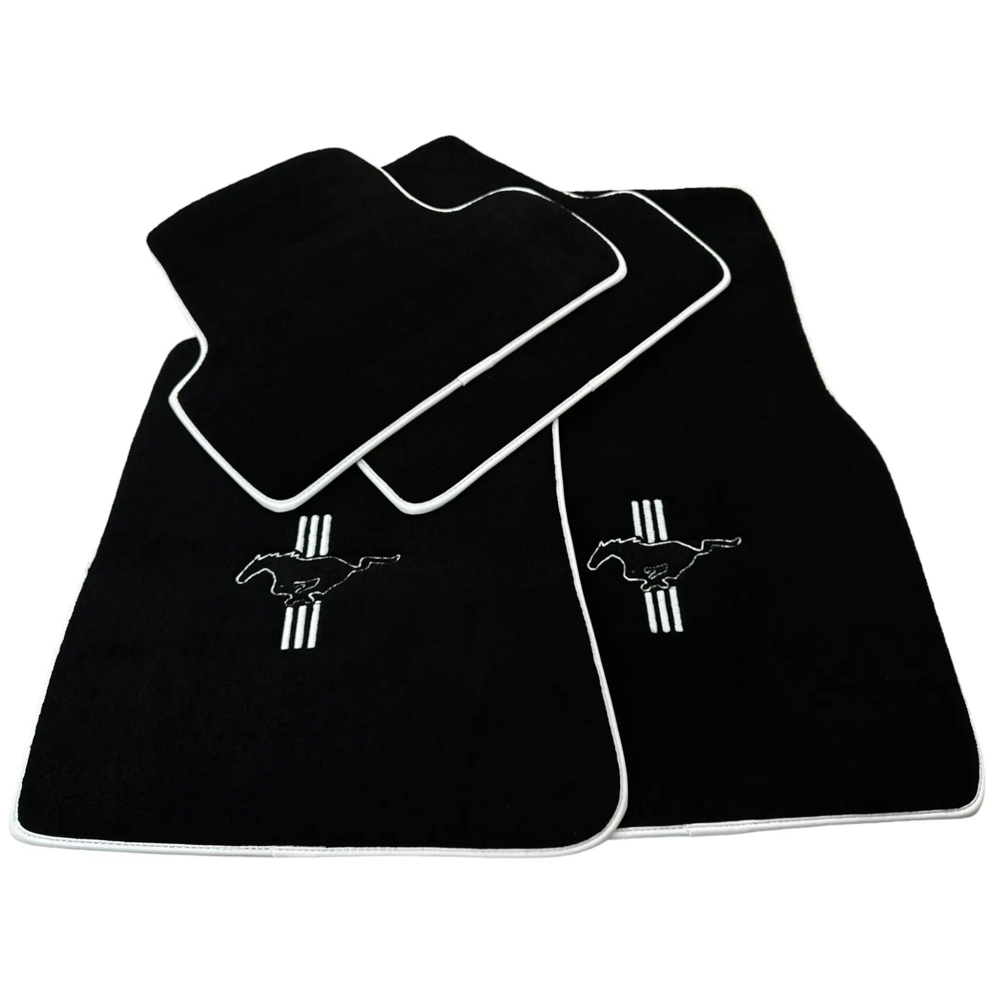 Black Floor Mats with White Trim For Ford Mustang V (2004-2010) With Pony - AutoWin
