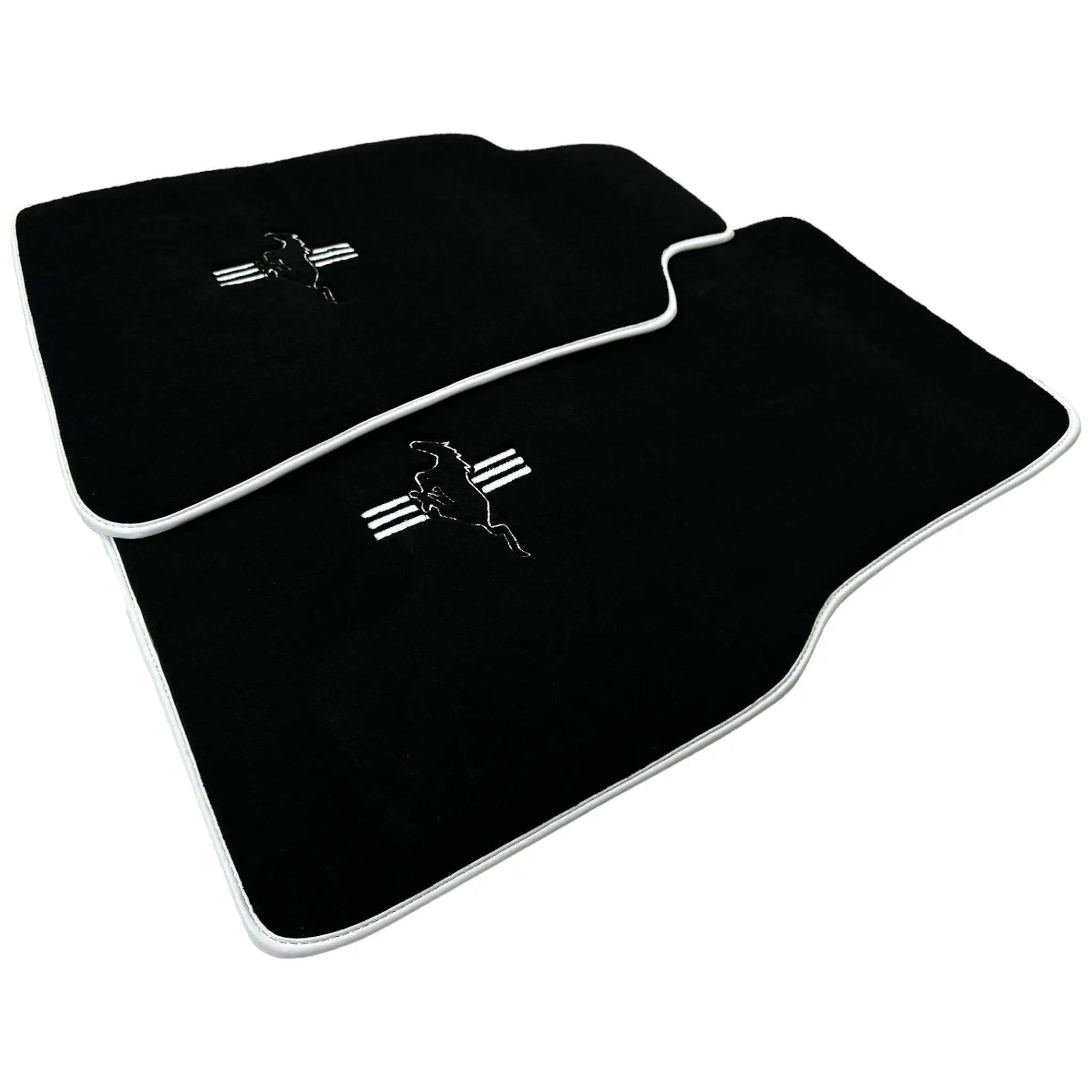 Black Floor Mats with White Trim For Ford Mustang V (2004-2010) With Pony - AutoWin