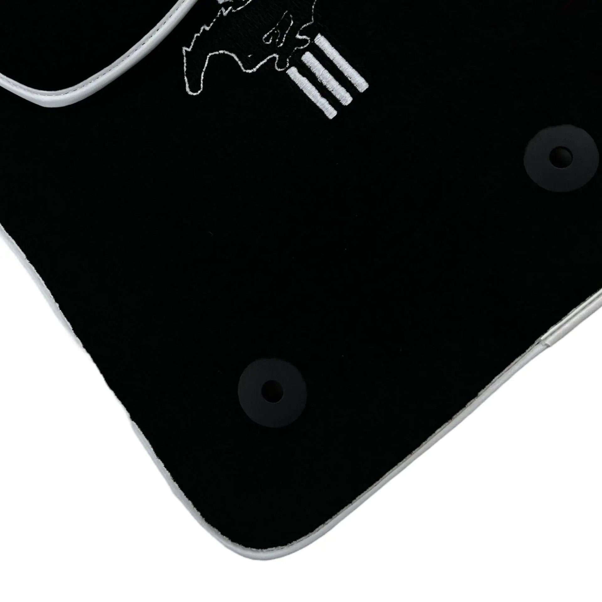 Black Floor Mats with White Trim For Ford Mustang VI (2015-2023) With Pony - AutoWin