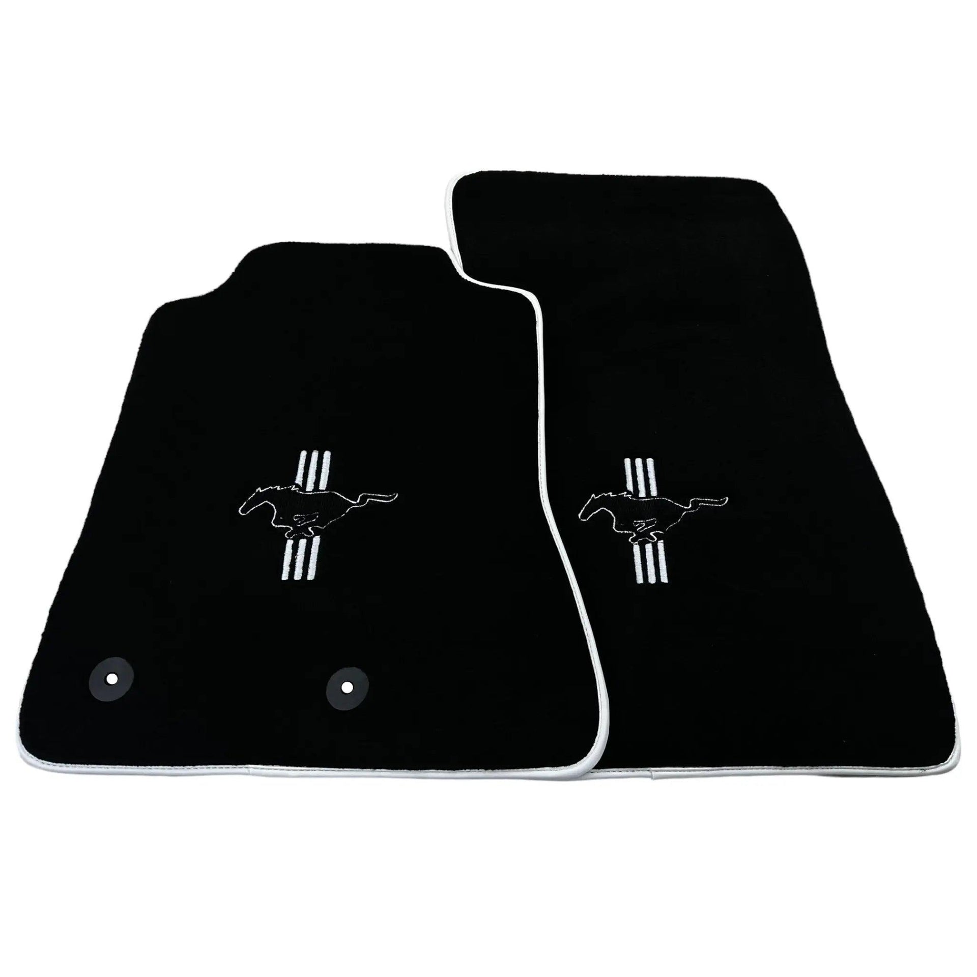 Black Floor Mats with White Trim For Ford Mustang VI (2015-2023) With Pony - AutoWin