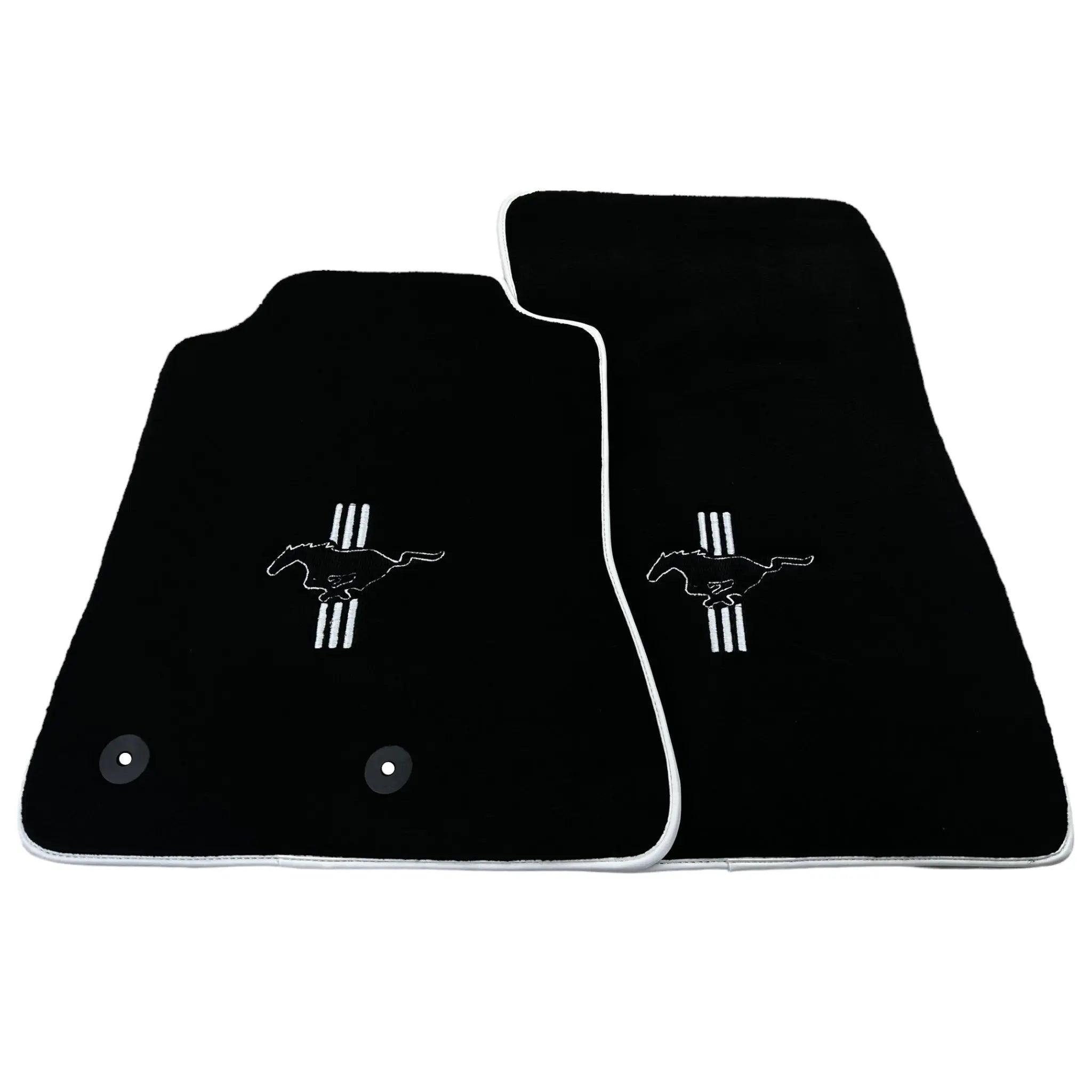 Black Floor Mats with White Trim For Ford Mustang VI (2015-2023) With Pony - AutoWin