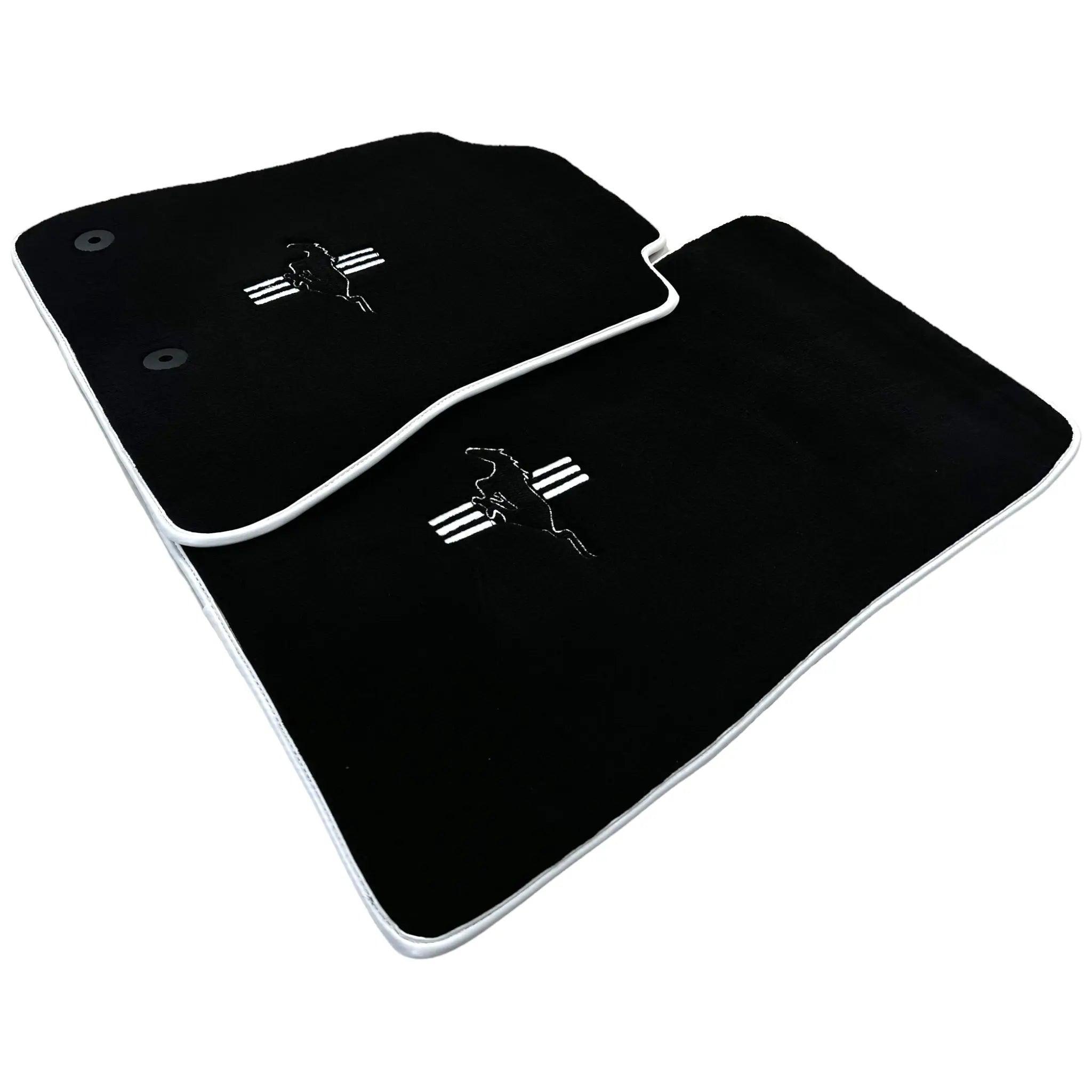 Black Floor Mats with White Trim For Ford Mustang VI (2015-2023) With Pony - AutoWin