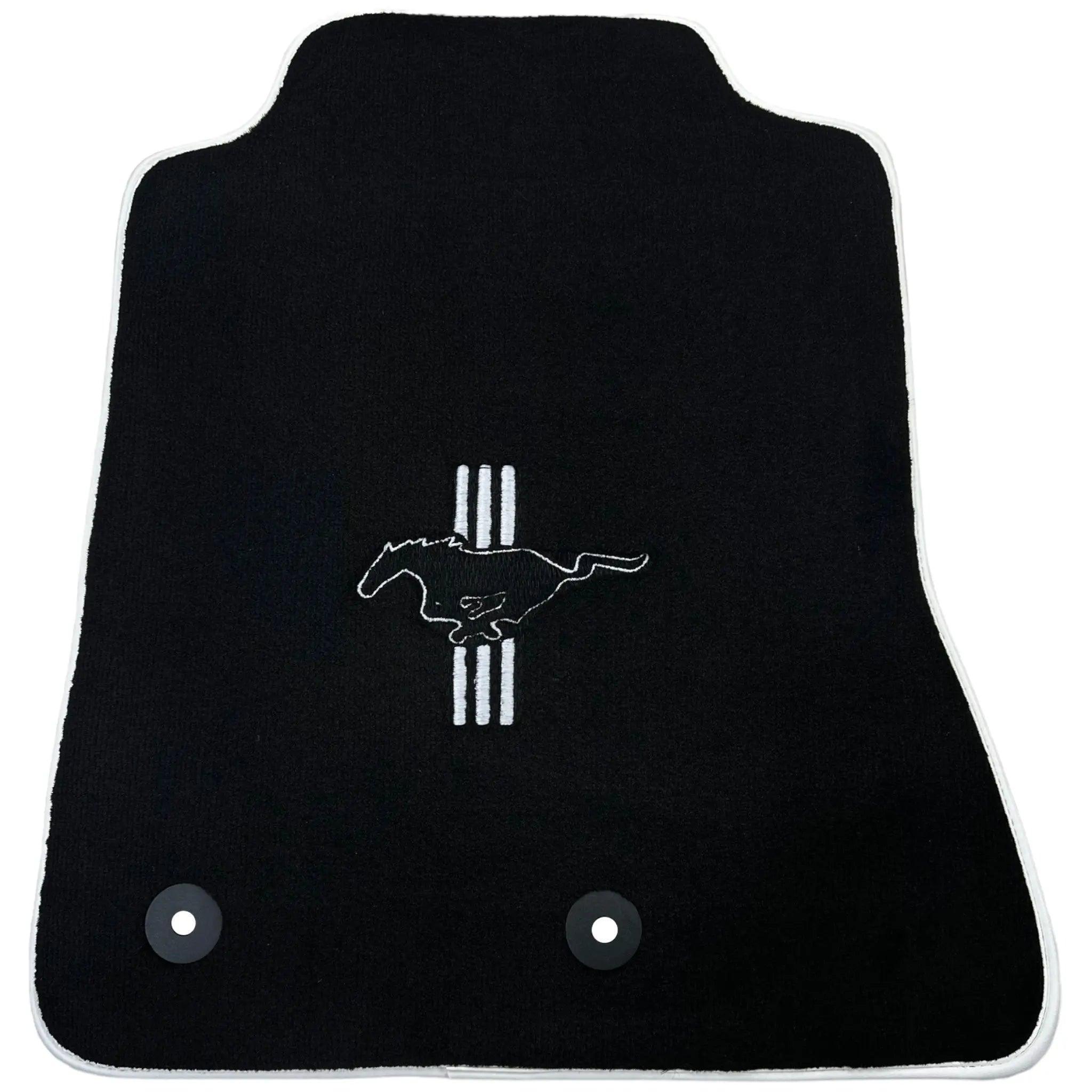 Black Floor Mats with White Trim For Ford Mustang VI (2015-2023) With Pony - AutoWin