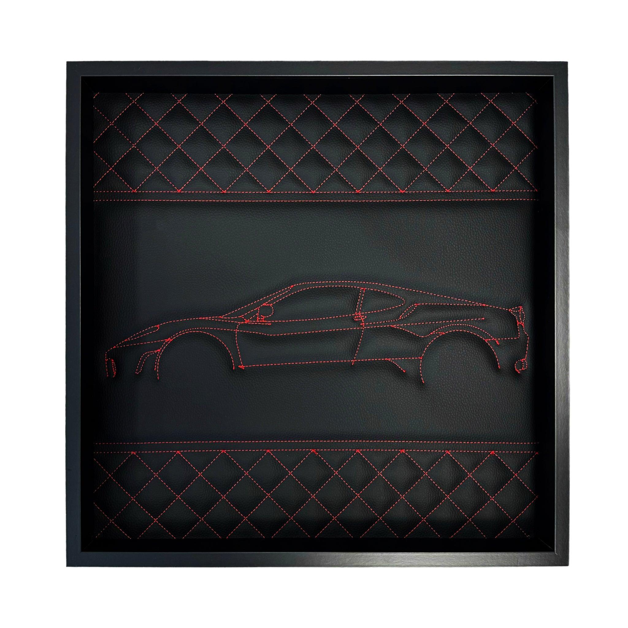 Black Leather Ferrari F430 Inspired Wall Art: Embroidered Red Stitch Luxury Decor - AutoWin