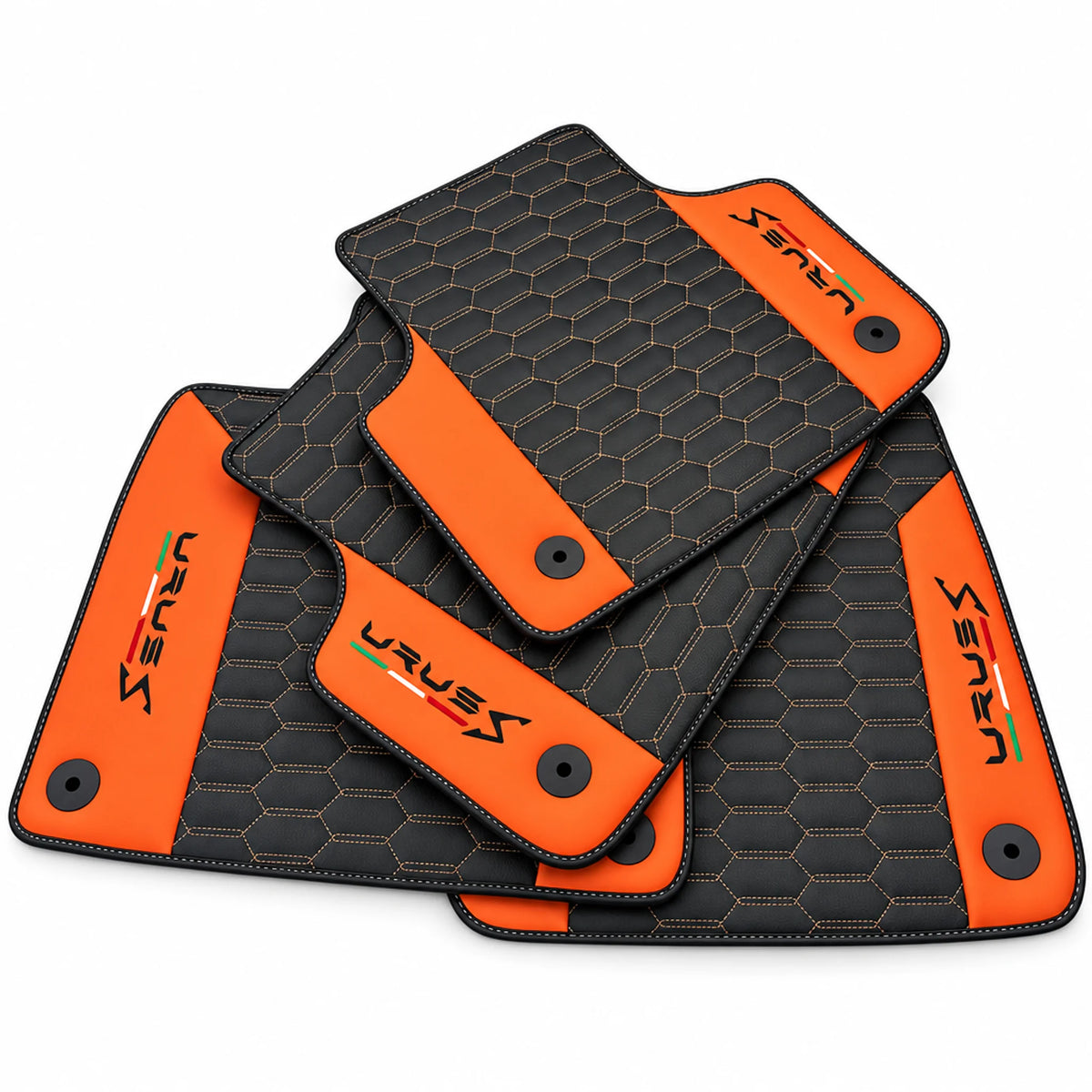 Black Leather Floor Mats For Lamborghini Urus S With Orange Nappa Leather - AutoWin