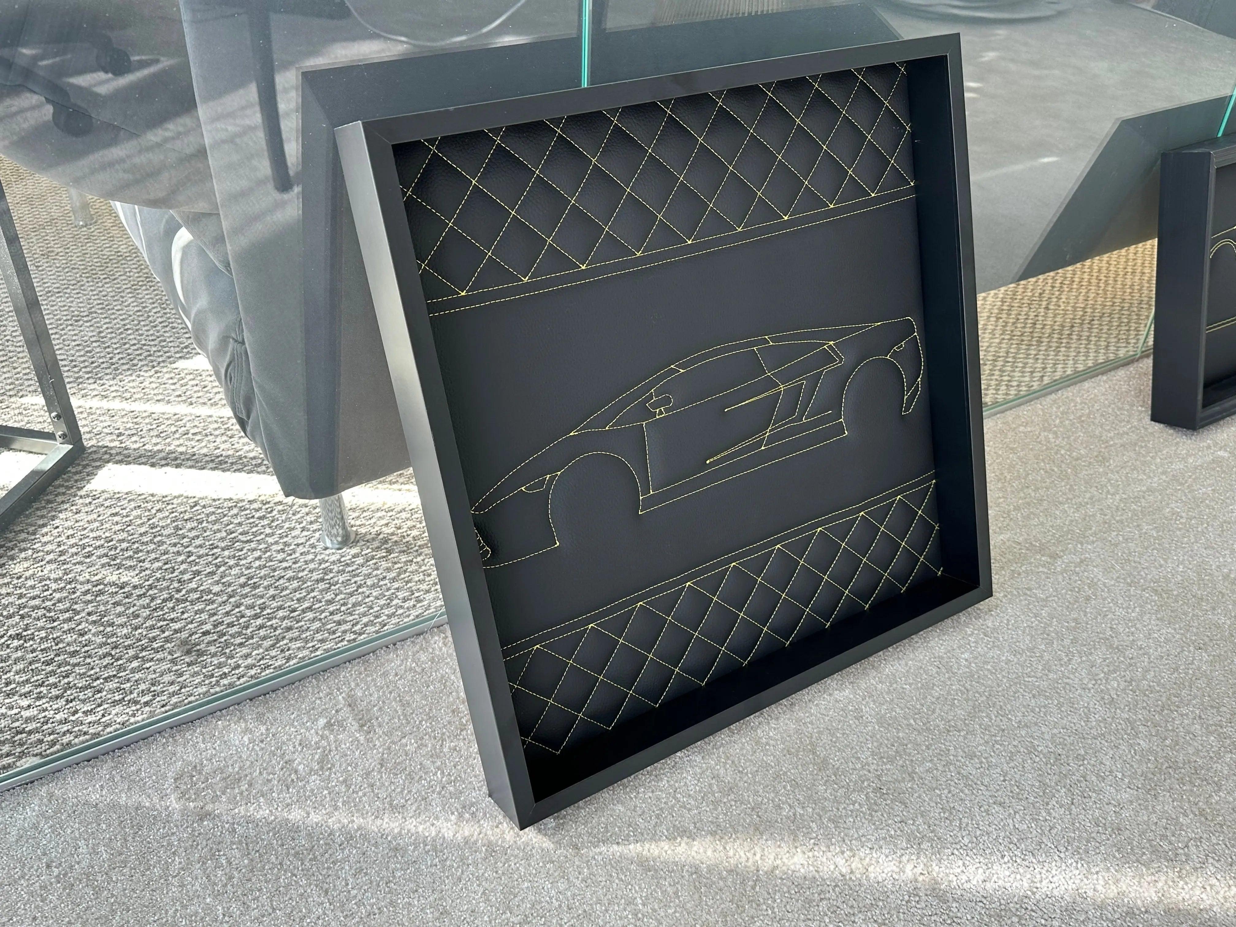 Black Leather Lamborghini Gallardo Inspired Wall Art: Embroidered Yellow Stitch Luxury Decor - AutoWin
