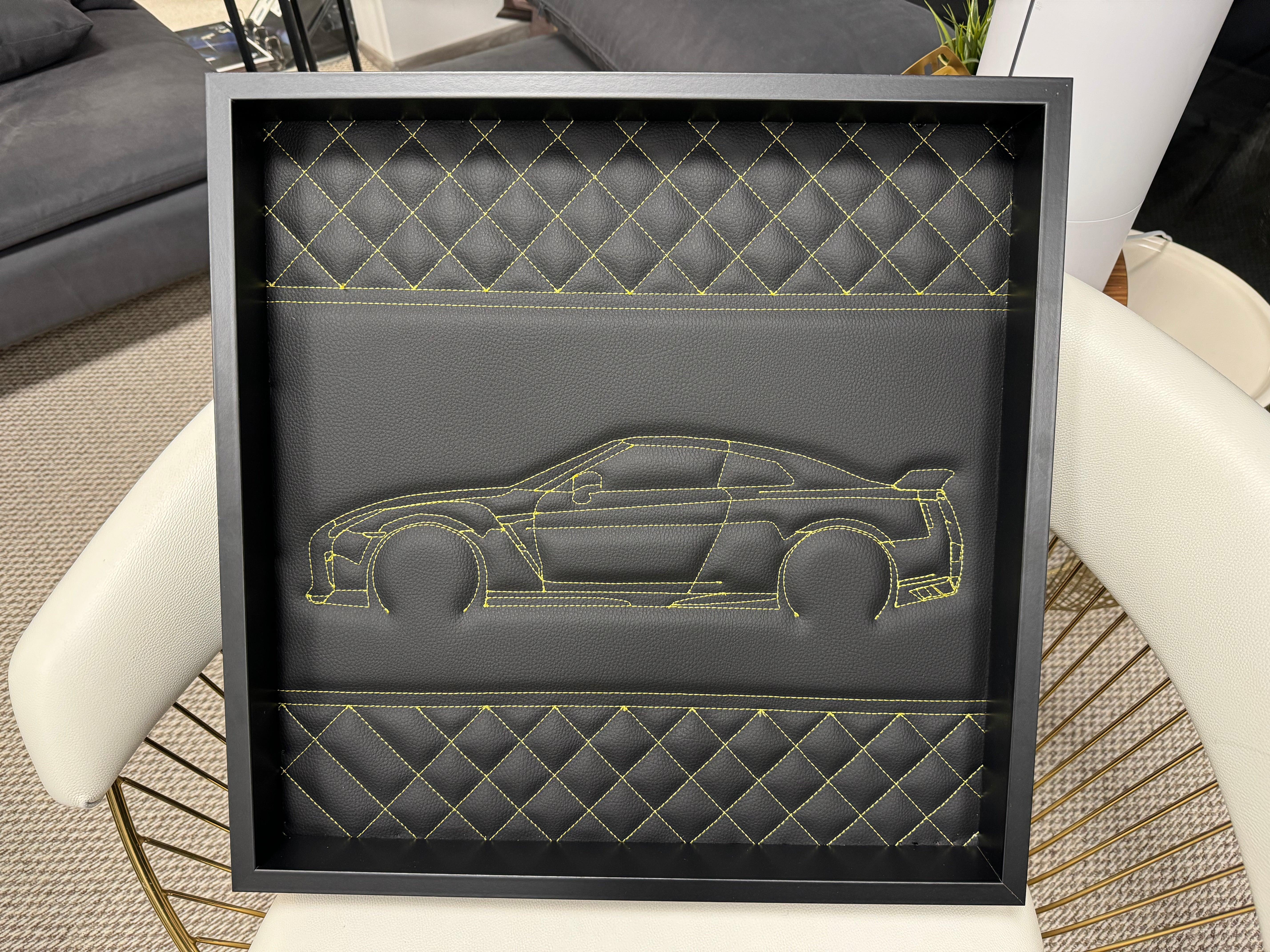 Black Leather Nissan GTR Inspired Wall Art: Embroidered Yellow Stitch Luxury Decor - AutoWin