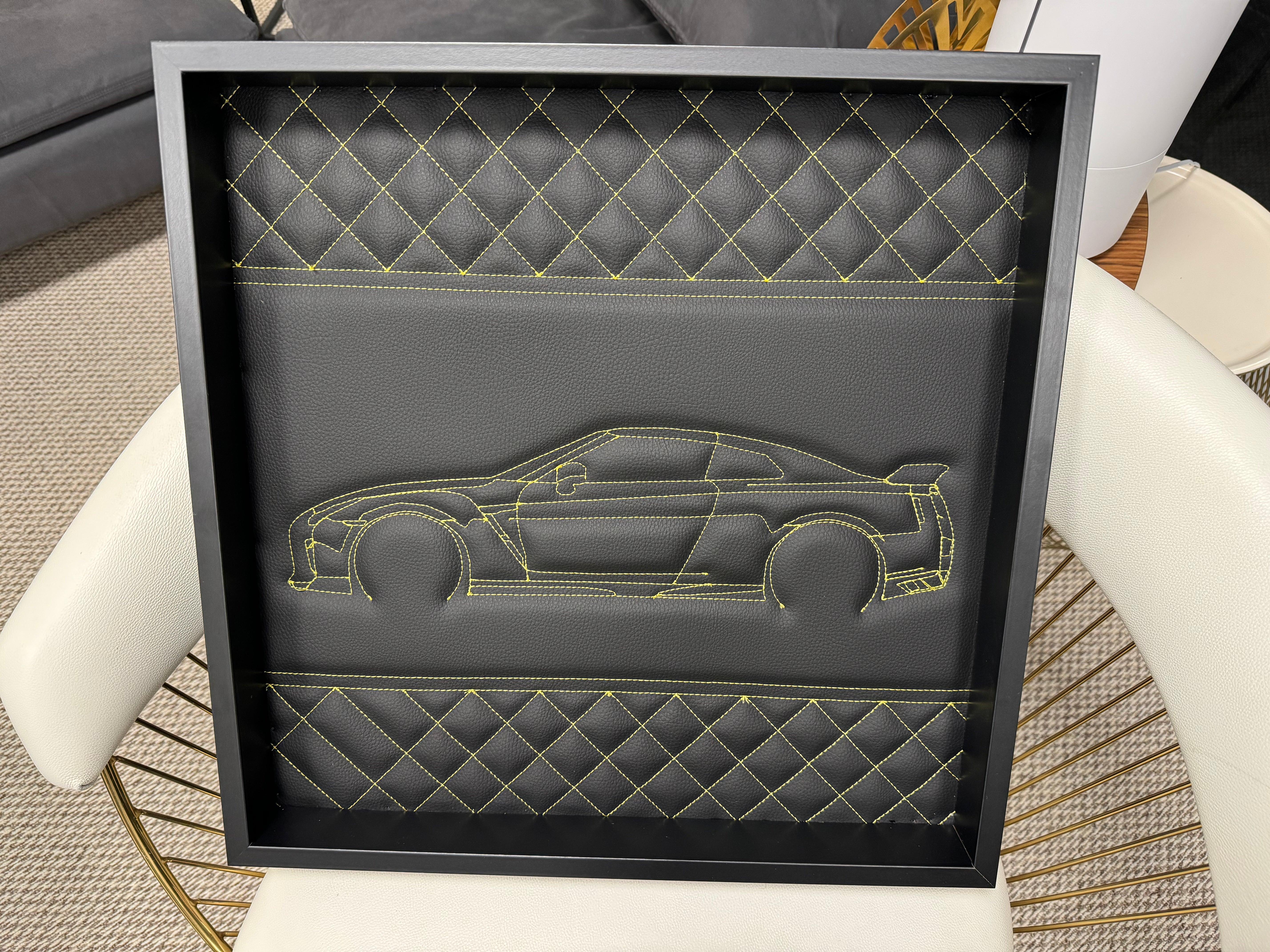 Black Leather Nissan GTR Inspired Wall Art: Embroidered Yellow Stitch Luxury Decor - AutoWin