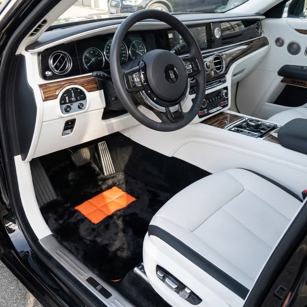Black Sheepskin Floor Mats for Rolls-Royce Spectre (2023-2024) Orange Leather Trim