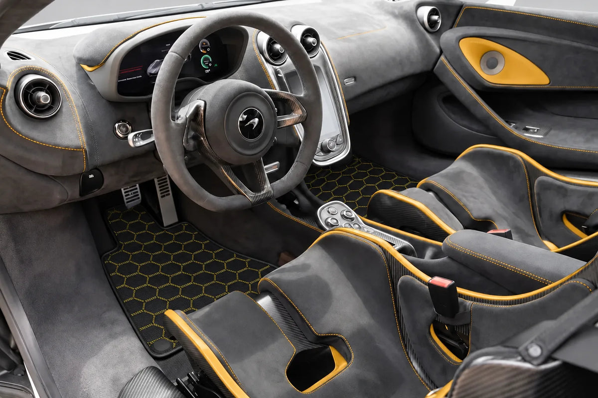 Customizable Leather Floor Mats with Hexagon Hex Pattern for McLaren 600LT (2018-2020) inside the vehicle