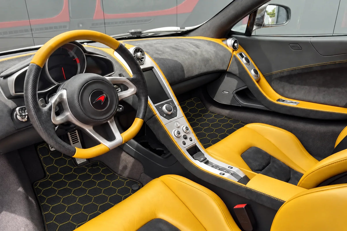 Customizable Leather Floor Mats with Hexagon Hex Pattern for McLaren MP4-12C (2011–2014) inside the vehicle