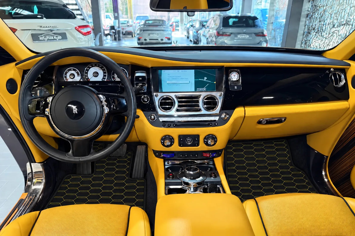 Customizable Leather Floor Mats with Interlaced Hex Pattern for Rolls Royce Wraith (2013–2023) inside the vehicle