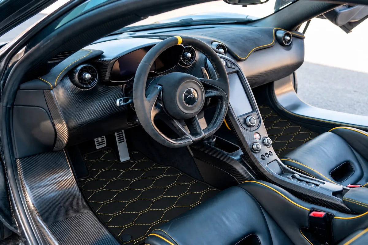 Customizable Leather Floor Mats with Viper Hex Pattern for McLaren P1 (2013-2015) inside the vehicle