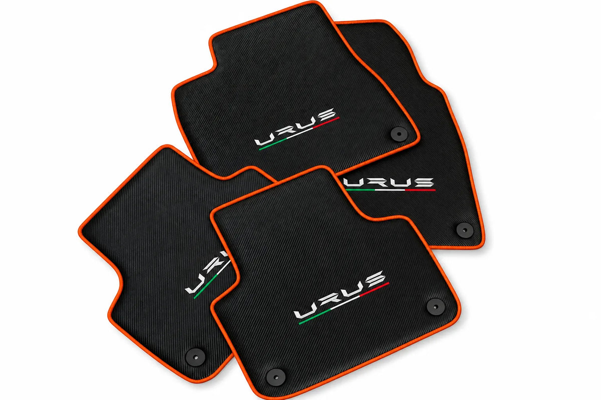 Floor Mats For Lamborghini Urus Made From Carbon Fiber Leather Orange trim