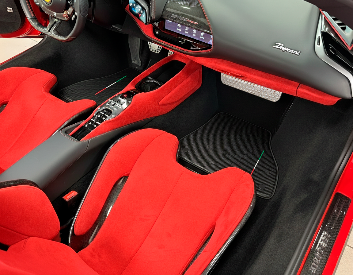 Black Floor Mats for Ferrari SF90 Stradale (2019-2024) with Red Alcantara Leather - AutoWin