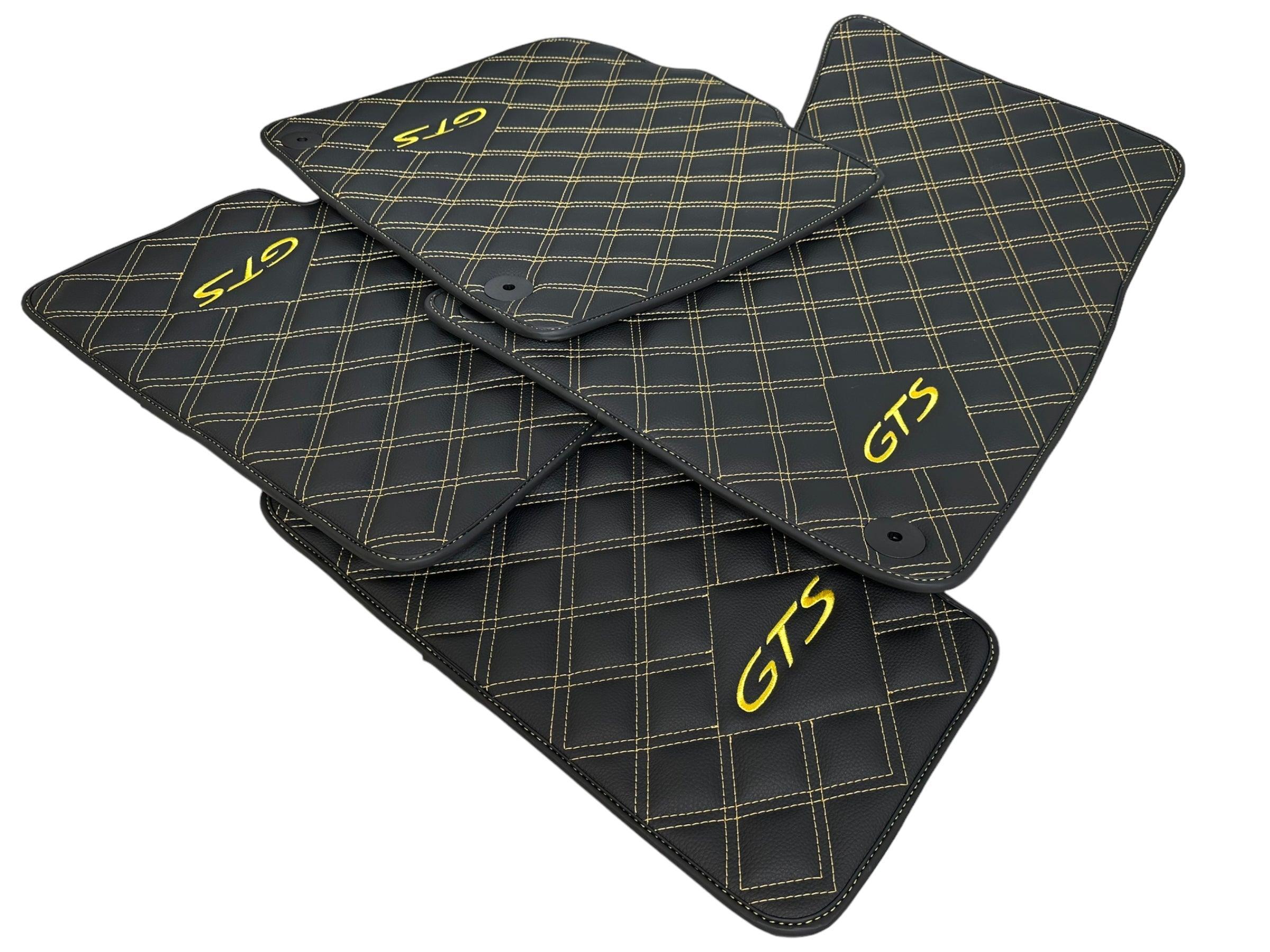 Leather Floor Mats for Porsche Cayenne GTS (2010-2018) Yellow Sewing - AutoWin