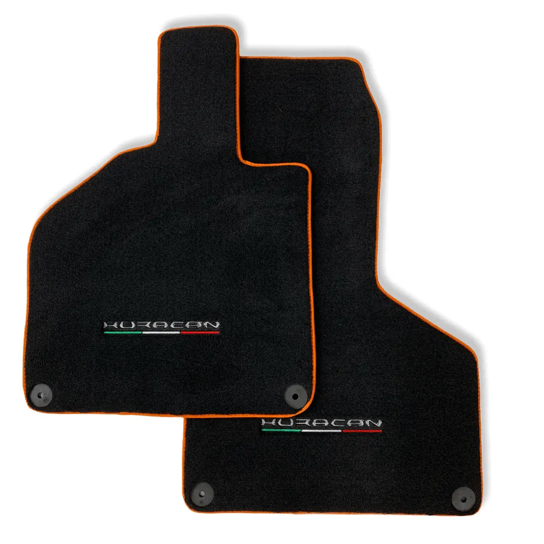 Floor Mats for Lamborghini Huracan With Italian Flag and Huracan Logo Orange Embroidery - AutoWin