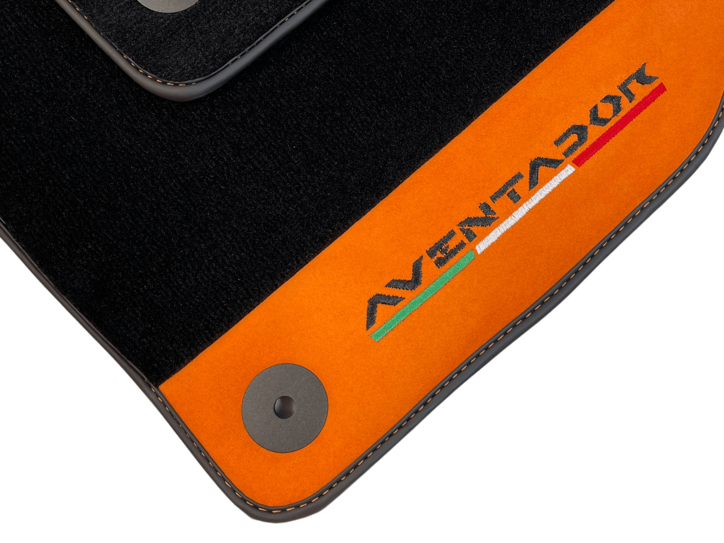 Black Floor Mats for Lamborghini Aventador With Orange Alcantara Leather - AutoWin