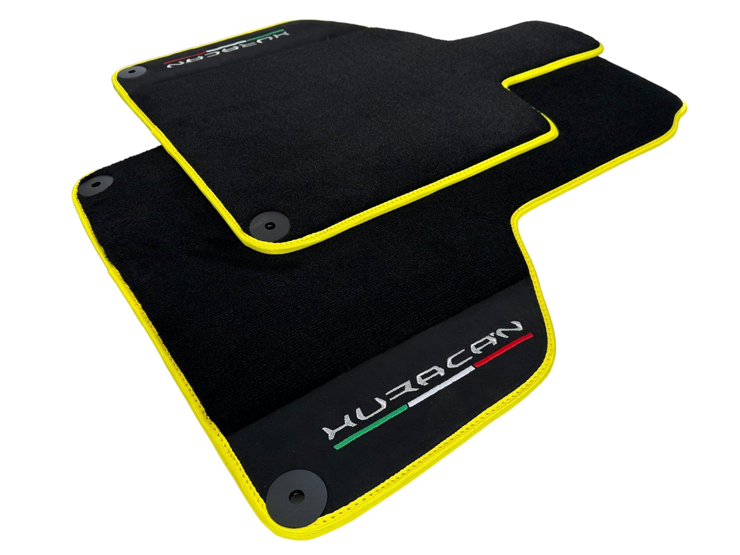Black Floor Mats for Lamborghini Huracan With Alcantara Leather Yellow Trim - AutoWin