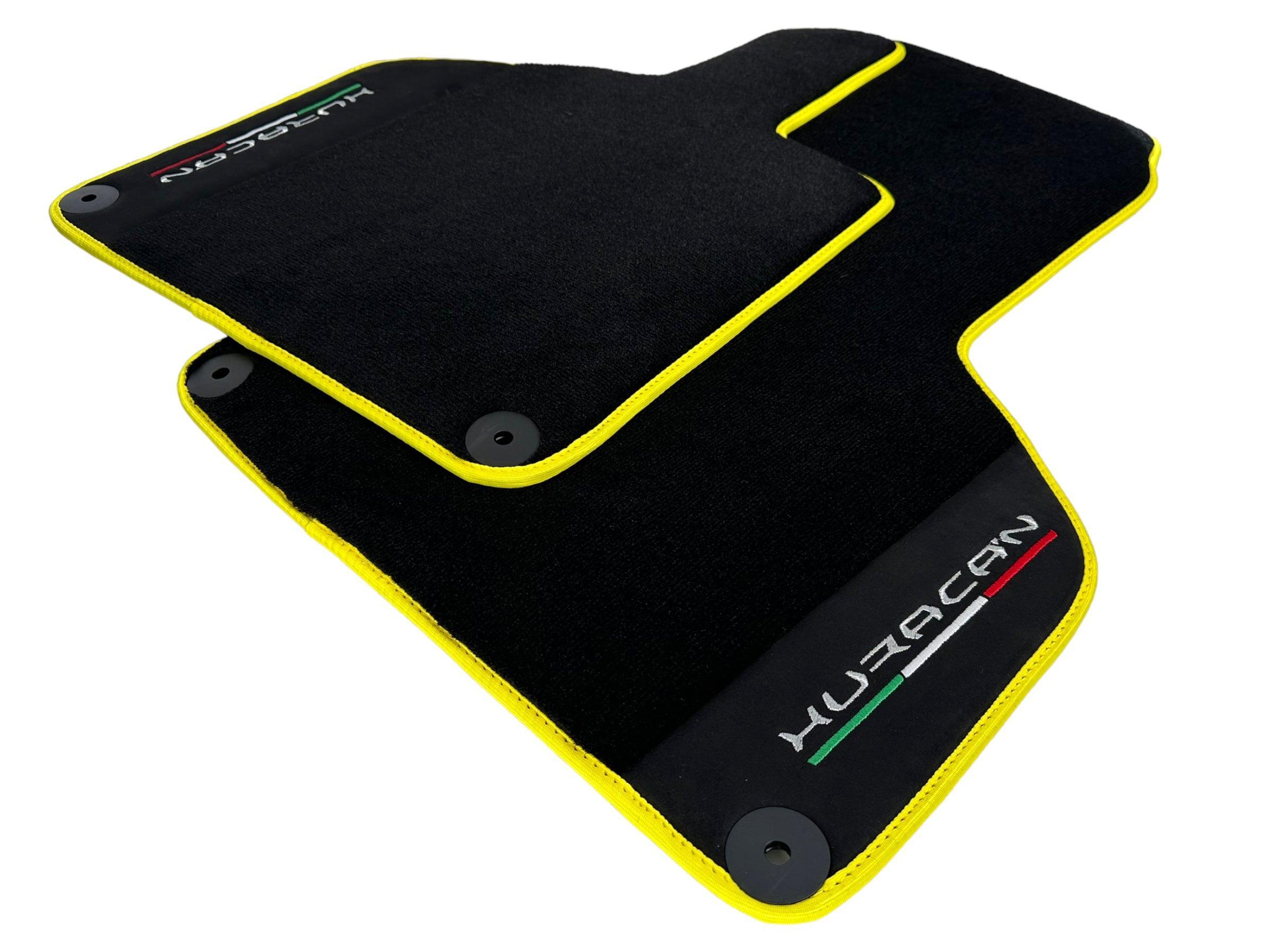 Black Floor Mats for Lamborghini Huracan With Alcantara Leather Yellow Trim - AutoWin