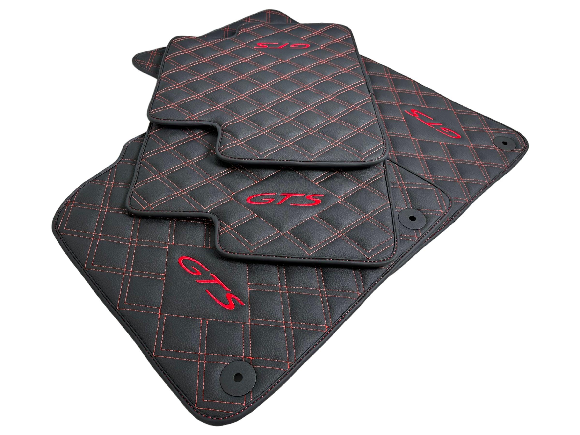 Leather Floor Mats for Porsche Cayenne GTS 2018-2023 Red Sewing - AutoWin