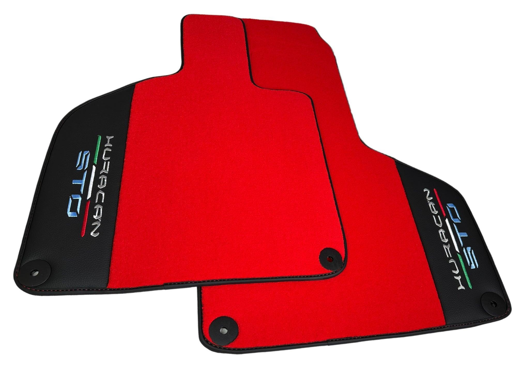 Red Floor Mats for Lamborghini Huracan STO With Black Leather Red Sewing - AutoWin