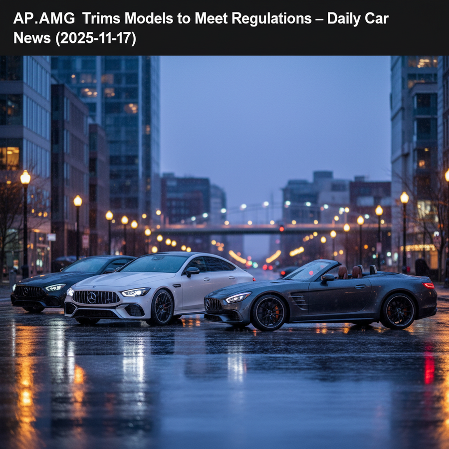 Editorial, photo-realistic HERO for an automotive daily news article titled "Mercedes-AMG Trims Models to Meet Regulations – Daily Car News (2025-11-1