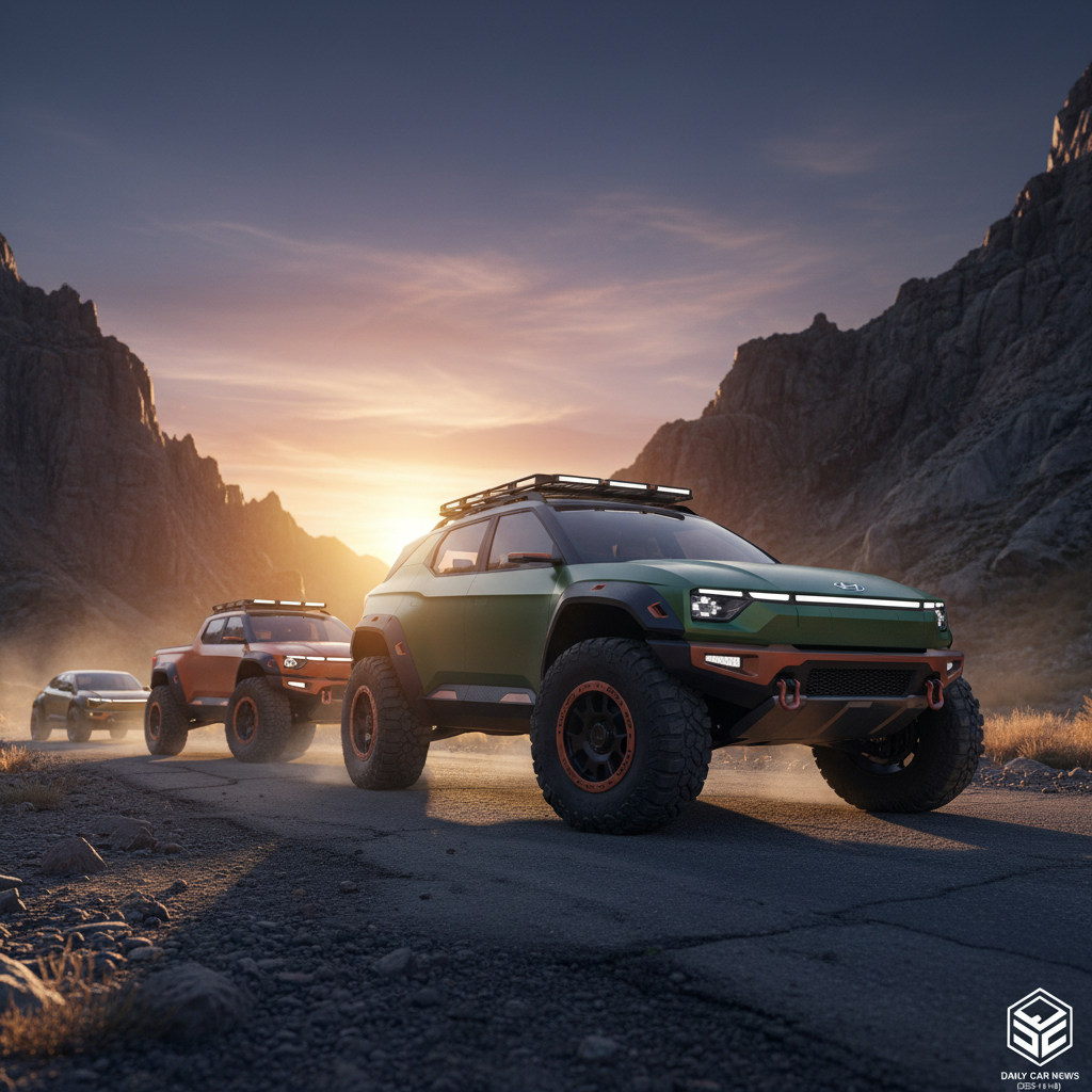 Editorial, photo-realistic HERO for an automotive daily news article titled "Hyundai Crater Concept Teases Rugged Off-Roader – Daily Car News (2025-11