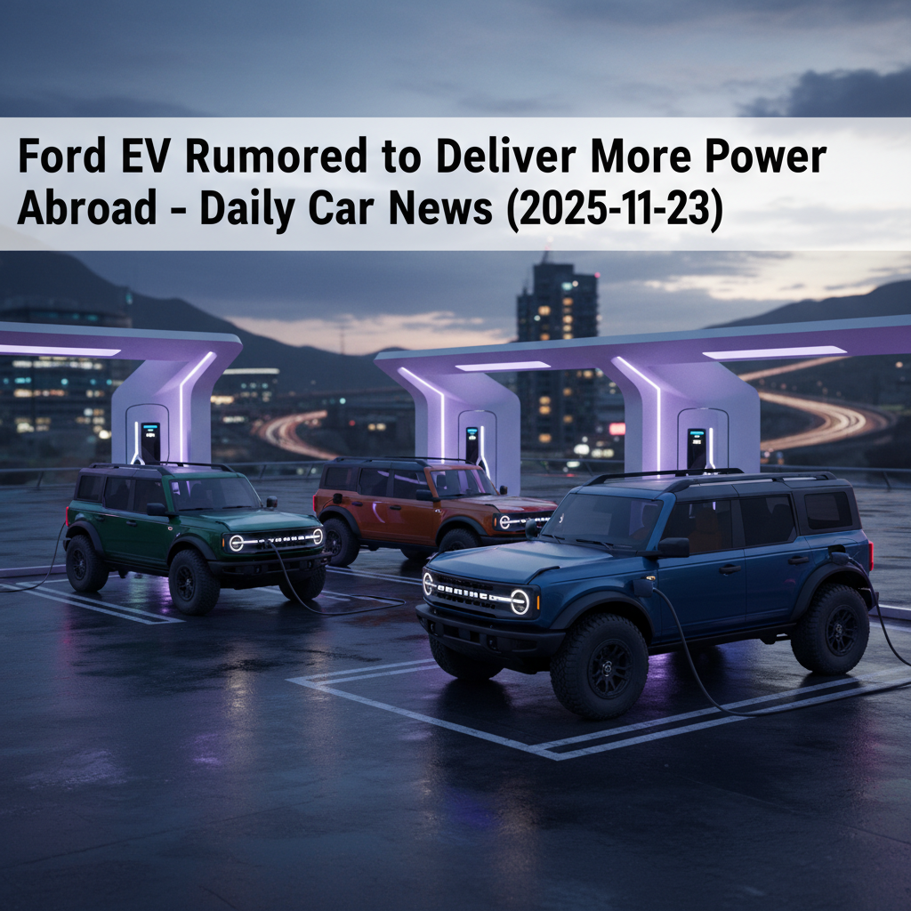 Editorial, photo-realistic HERO for an automotive daily news article titled "Ford Bronco EV Rumored to Deliver More Power Abroad – Daily Car News (202