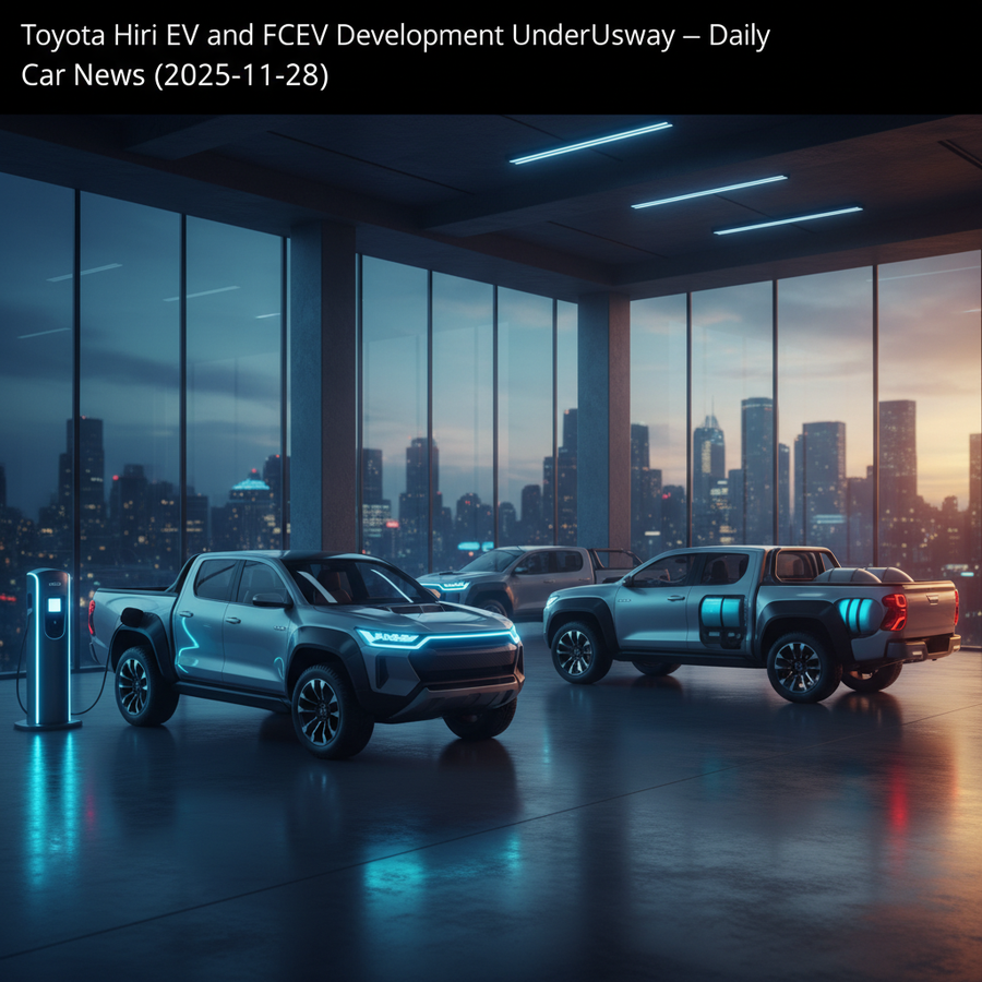 Editorial, photo-realistic HERO for an automotive daily news article titled "Toyota HiLux EV and FCEV Development Underway – Daily Car News (2025-11-2
