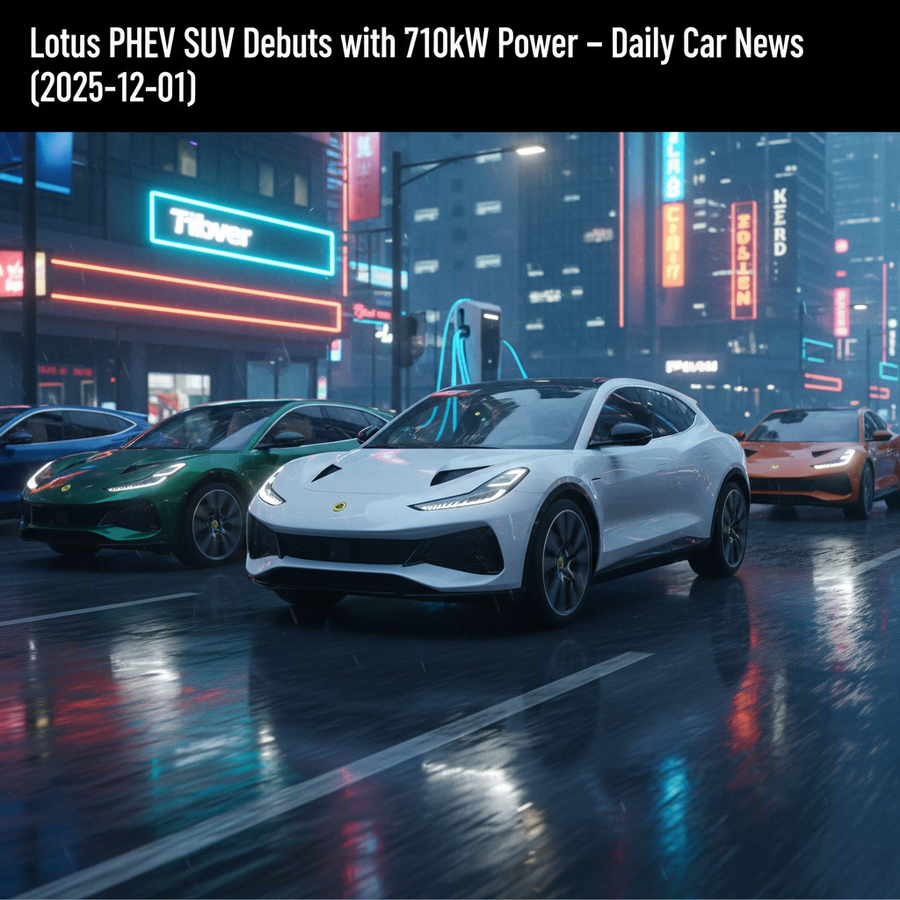 Editorial, photo-realistic HERO for an automotive daily news article titled "Lotus PHEV SUV Debuts with 710kW Power – Daily Car News (2025-12-01)". De