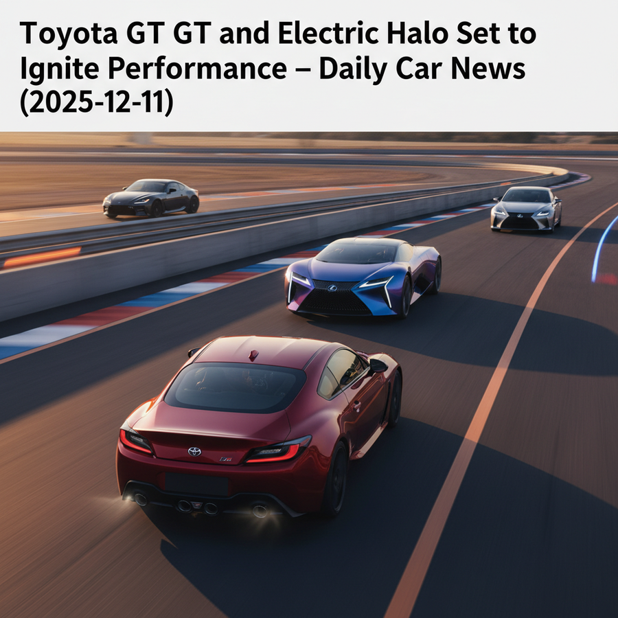 Editorial, photo-realistic HERO for an automotive daily news article titled "Toyota GR GT and Lexus Electric Halo Set to Ignite Performance – Daily Ca