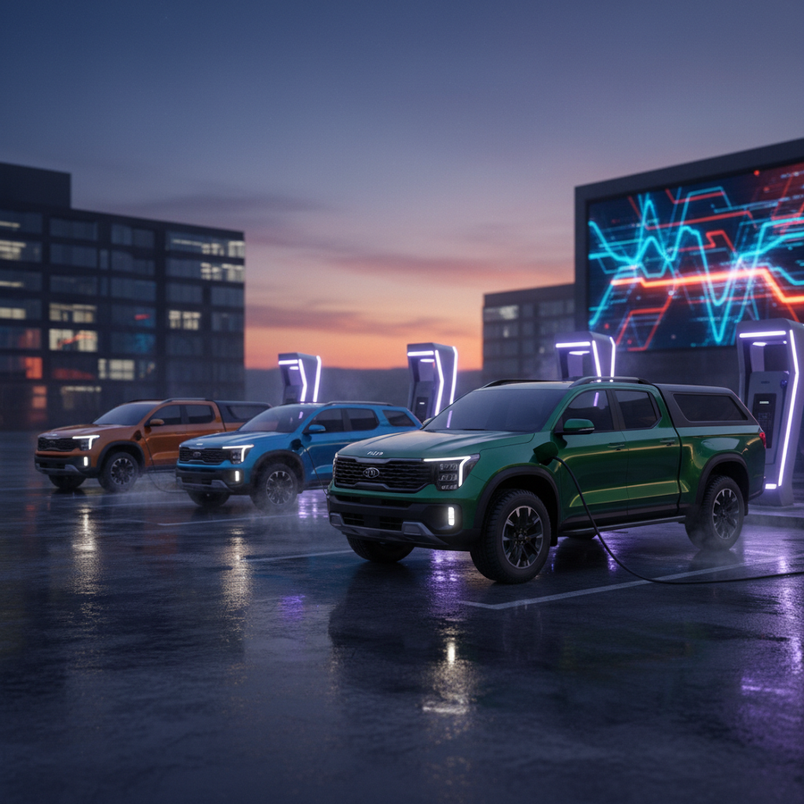 Editorial, photo-realistic HERO for an automotive daily news article titled "Kia Tasman PHEV Set to Fast-Track Development Amid Demand – Daily Car New