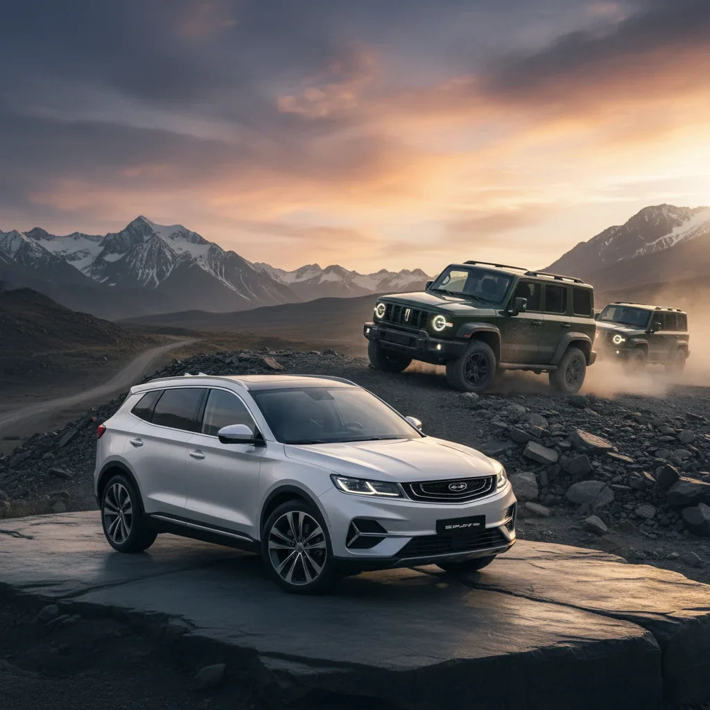 Editorial photo-realistic HERO image for automotive news (2026-02-25). Feature GWM and Geely vehicles specifically Tank 300, EX5 Extended Range. Scene