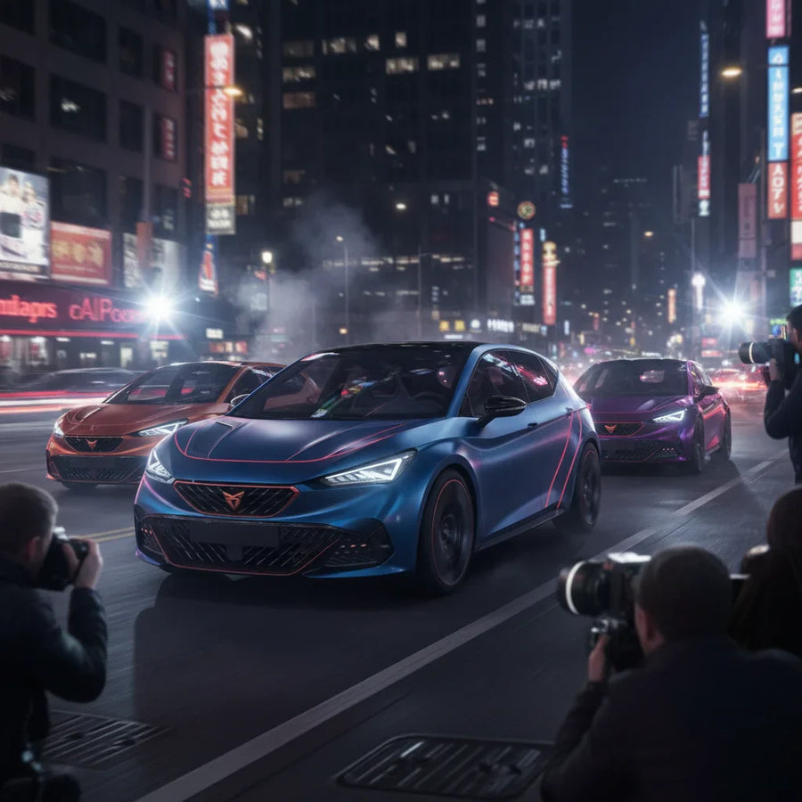 Editorial photo-realistic HERO image for automotive news (2026-02-27). Feature Cupra vehicles specifically Raval EV. Scene: A dynamic urban setting sh