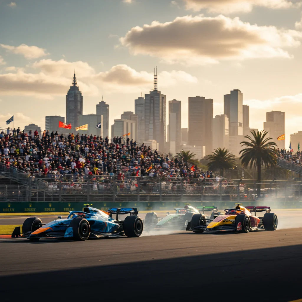 Editorial photo-realistic HERO image for automotive news (2026-03-02). Feature Formula 1 vehicles specifically 2026 Formula 1 cars. Scene: A bustling 