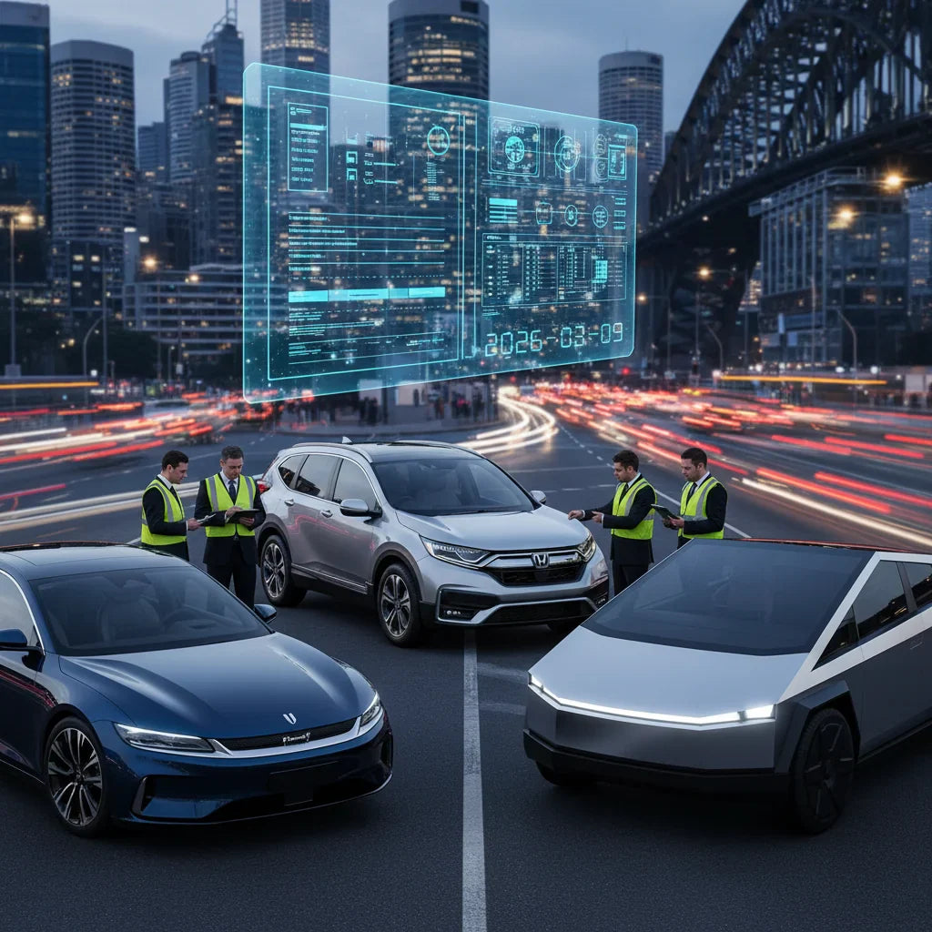 Editorial photo-realistic HERO image for automotive news (2026-03-09). Feature BYD and Honda and Tesla vehicles specifically specific model names ment