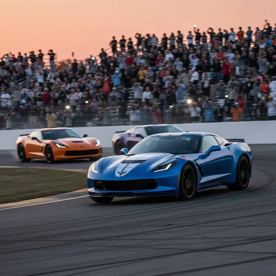 Editorial photo-realistic HERO image for automotive news (2026-03-22). Feature Chevrolet vehicles specifically Corvette Grand Sport. Scene: The new Co