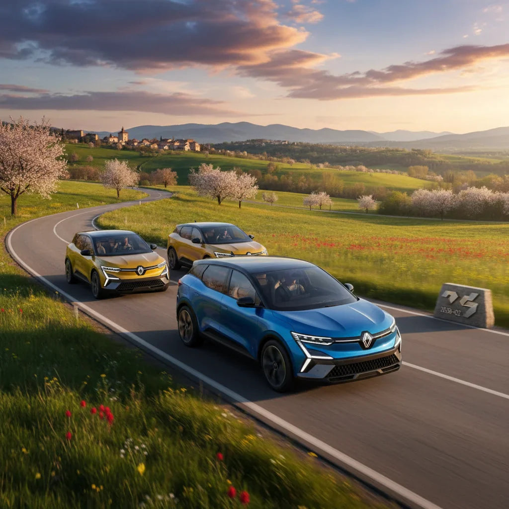 Editorial photo-realistic HERO image for automotive news (2026-03-26). Feature Renault vehicles specifically 2026 Scenic E-Tech. Scene: The Renault Sc