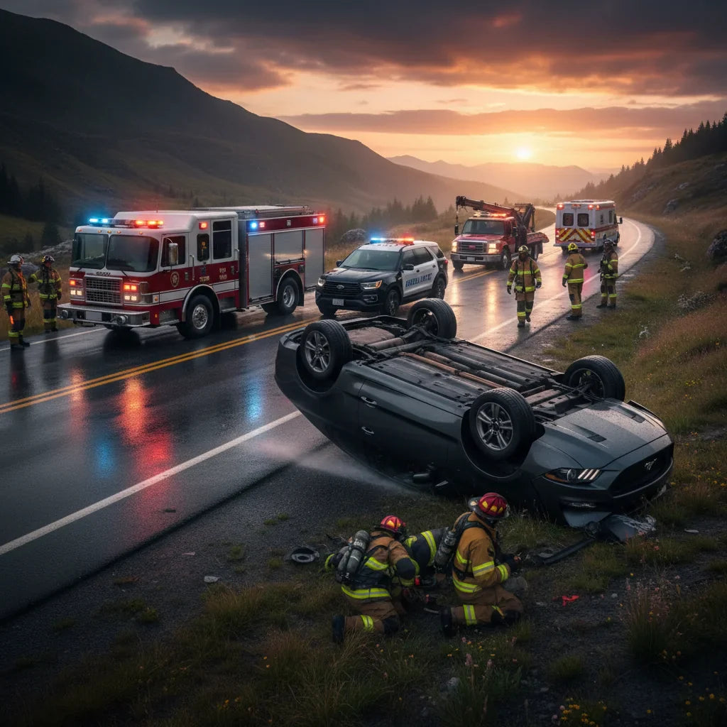 Editorial photo-realistic HERO image for automotive news (2026-03-29). Feature Ford vehicles specifically Mustang. Scene: A dramatic scene of a Ford M