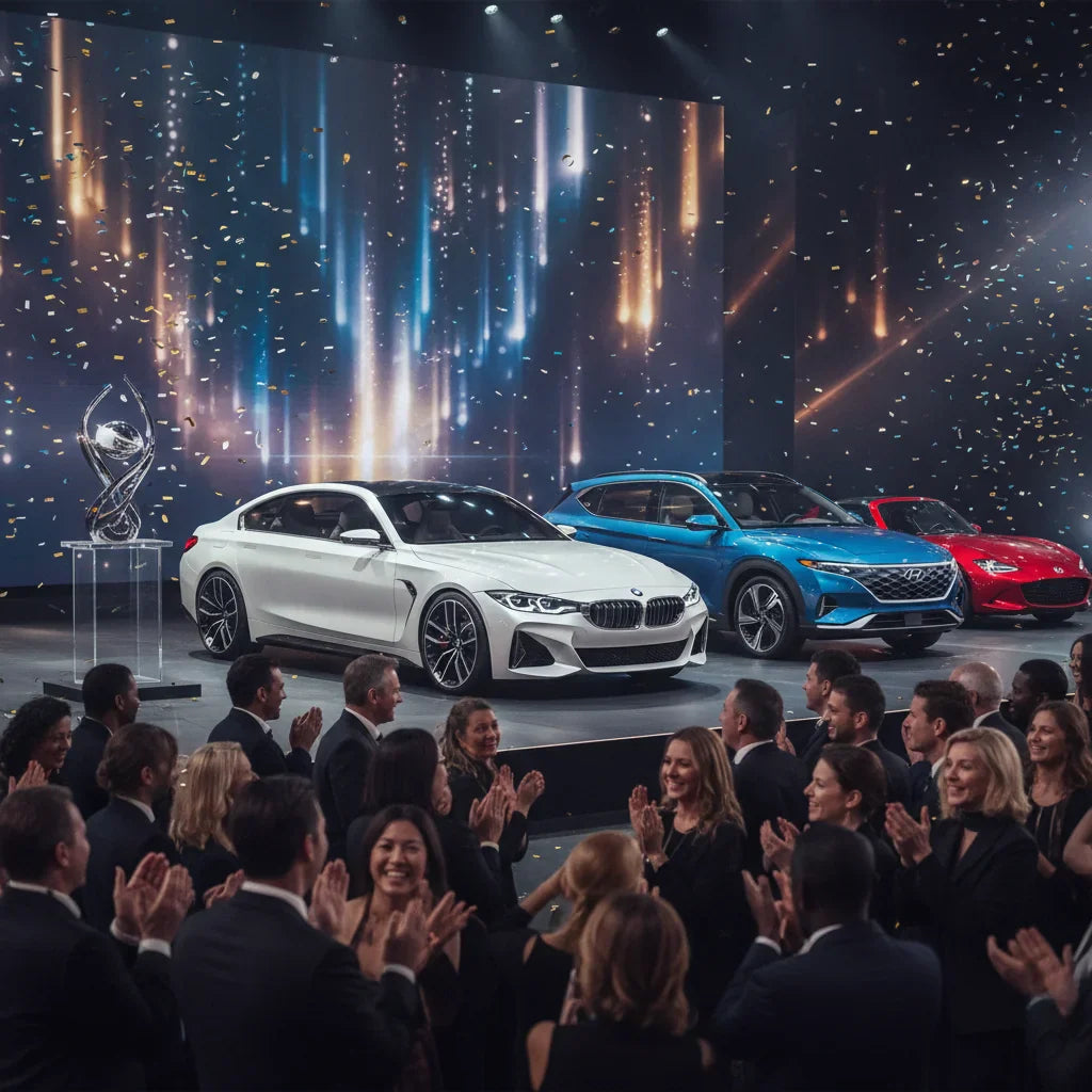 Editorial photo-realistic HERO image for automotive news (2026-04-02). Feature BMW and Hyundai and Mazda vehicles specifically BMW World Car of the Ye