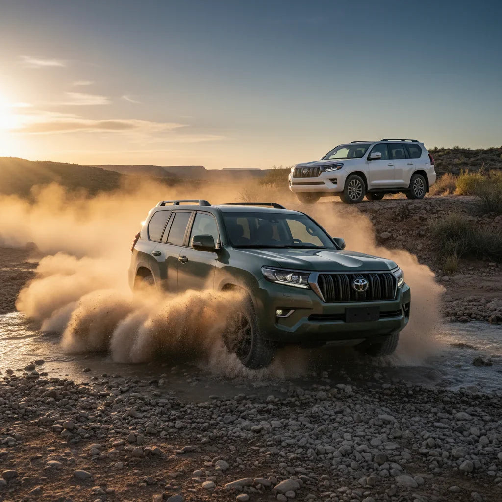 Editorial photo-realistic HERO image for automotive news (2026-04-09). Feature Toyota vehicles specifically LandCruiser Hybrid, Prado Hybrid. Scene: A