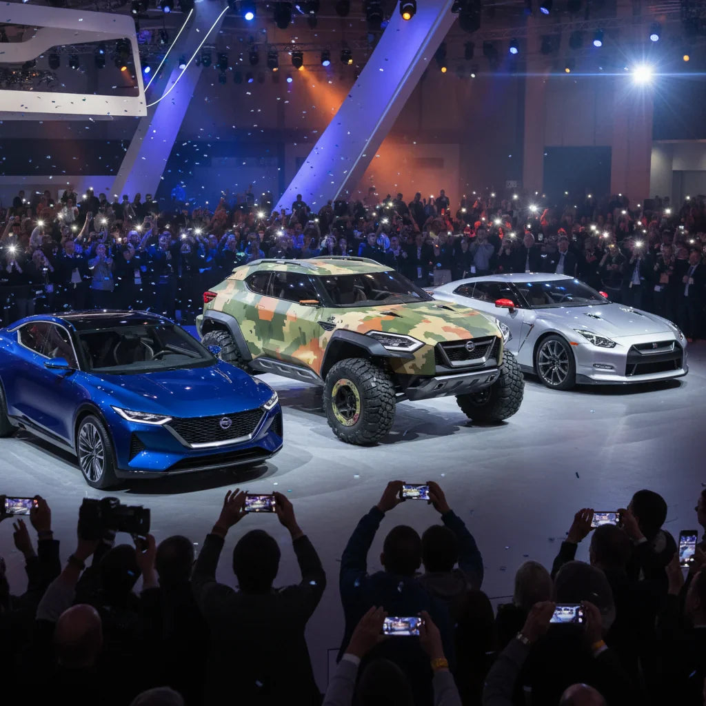 Editorial photo-realistic HERO image for automotive news (2026-04-20). Feature Nissan vehicles specifically Nissan GT-R, Nissan rugged off-roader conc