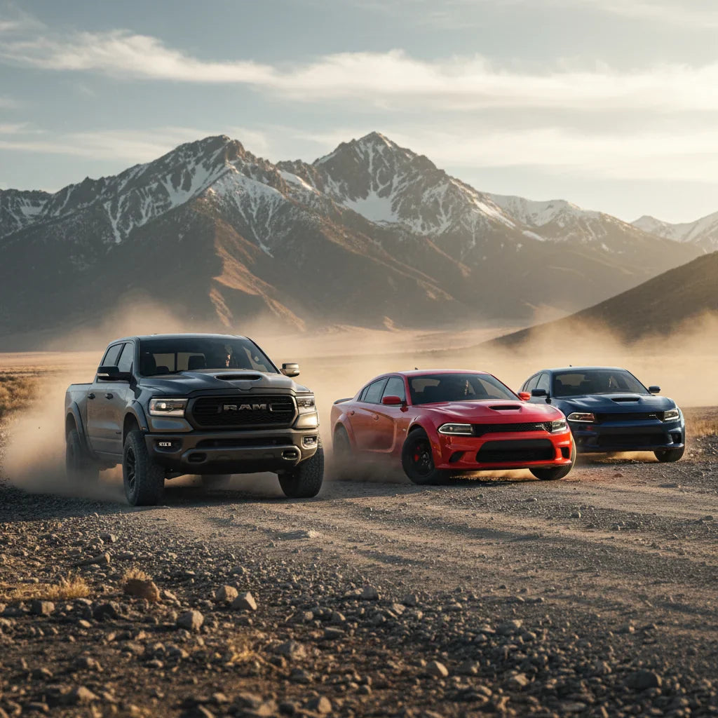 Editorial photo-realistic HERO image for automotive news (2026-05-22). Feature Ram and Dodge vehicles specifically Ram 1500, Dodge Charger. Scene: A r