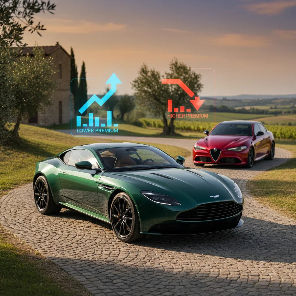 Editorial photo-realistic HERO image for automotive news (2026-05-24). Feature Aston Martin and Alfa Romeo vehicles specifically Aston Martin, Alfa Gi