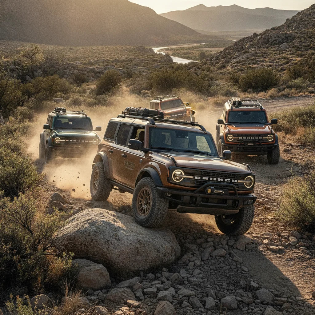 Editorial photo-realistic HERO image for automotive news (2026-06-09). Feature Ford vehicles specifically Bronco Filson. Scene: The rugged Ford Bronco