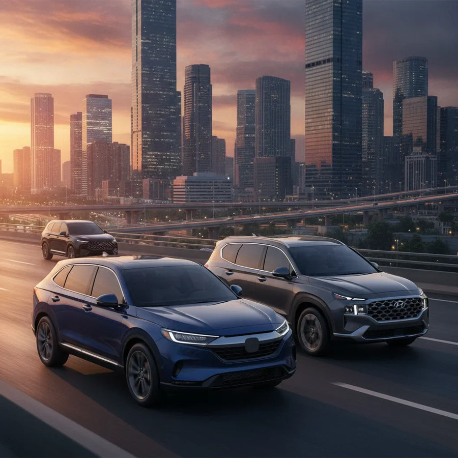 Editorial photo-realistic HERO image for automotive news (2026-06-23). Feature Honda and Hyundai vehicles specifically new rival SUV, Hyundai Santa Fe