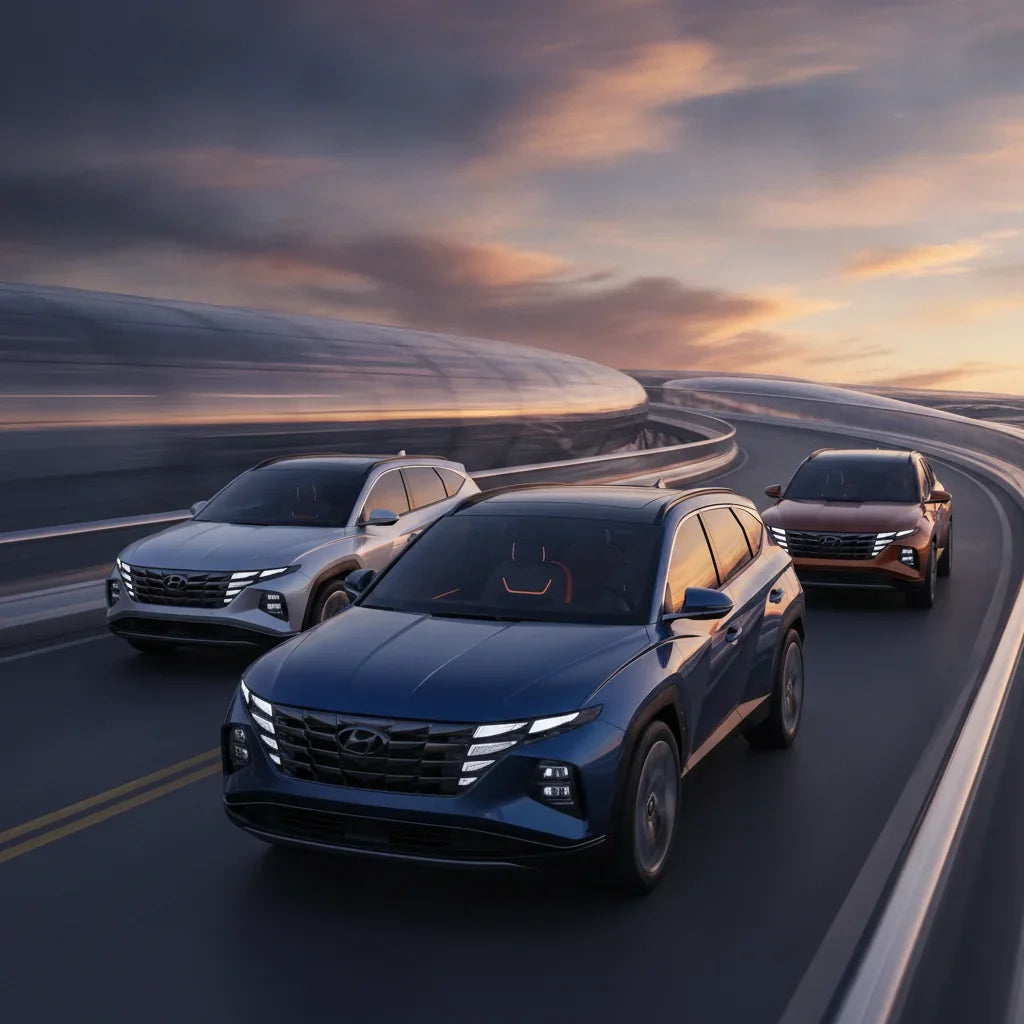 Editorial photo-realistic HERO image for automotive news (2026-07-07). Feature Hyundai vehicles specifically 2027 Hyundai Tucson. Scene: A sleek, mode