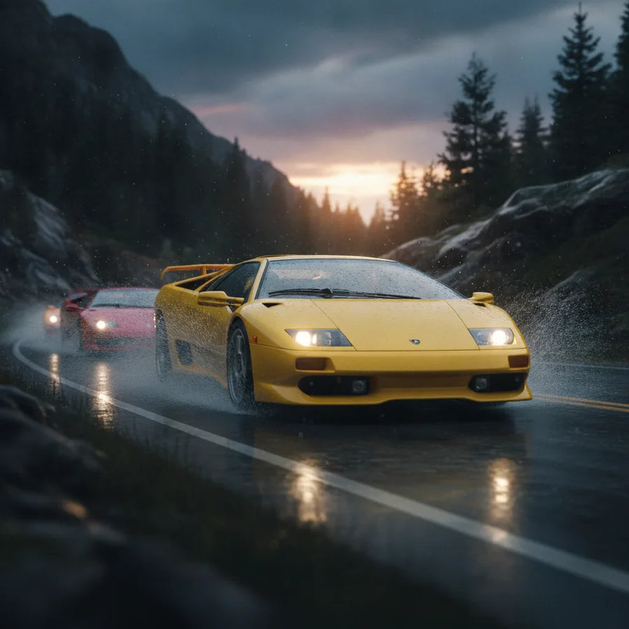 Editorial photo-realistic HERO image for automotive news (2026-07-19). Feature Lamborghini vehicles specifically Diablo SV. Scene: A striking Lamborgh